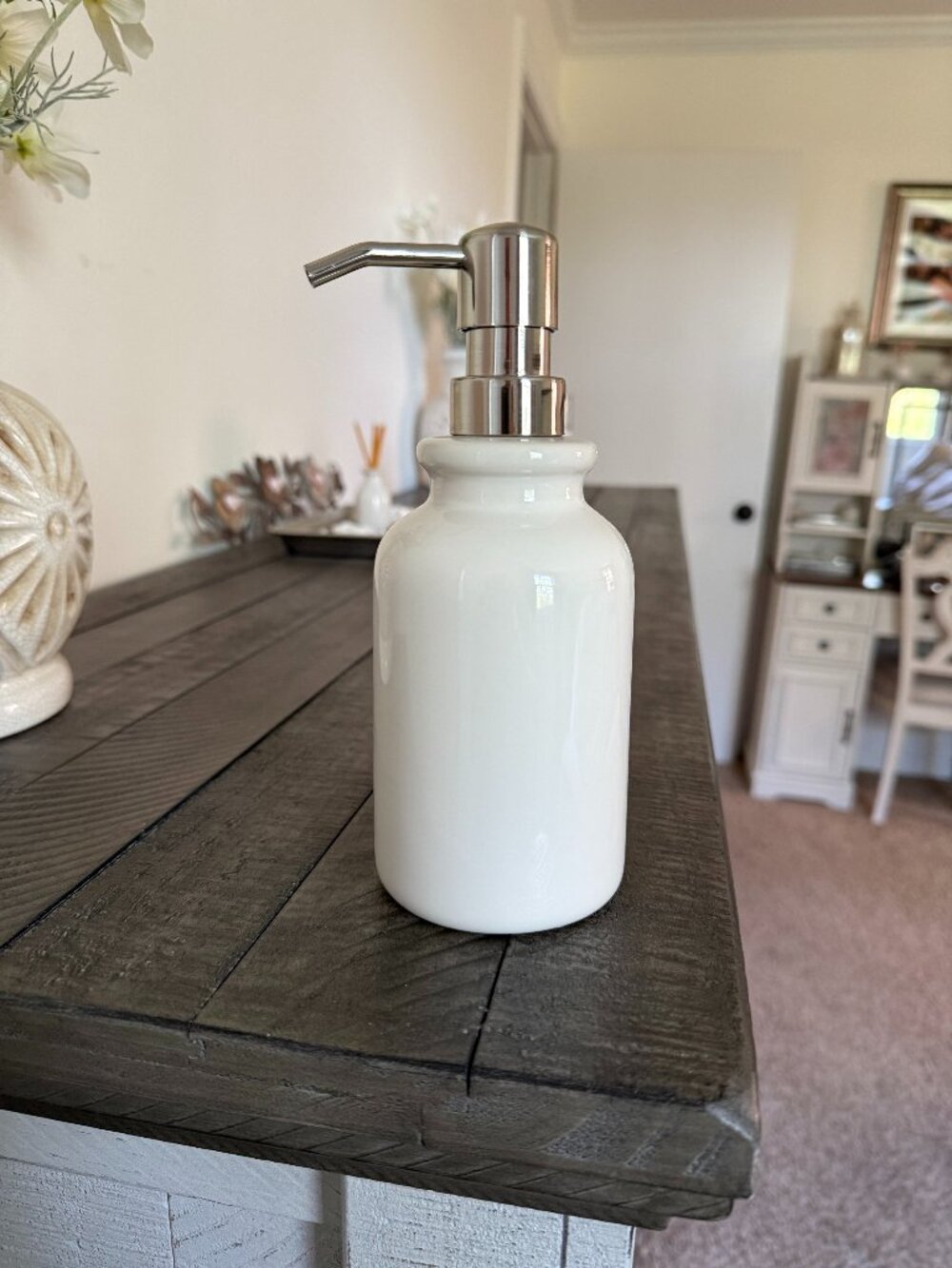 White Ceramic Soap Dispenser Bottle with Silver Pump Farmhouse Bath Accessories